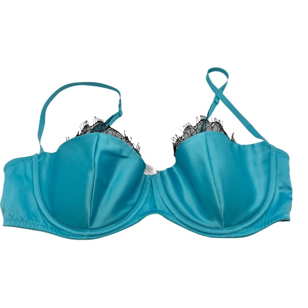 Victoria's Secret Blue with Black Lace Satin Balconet Bra 36C